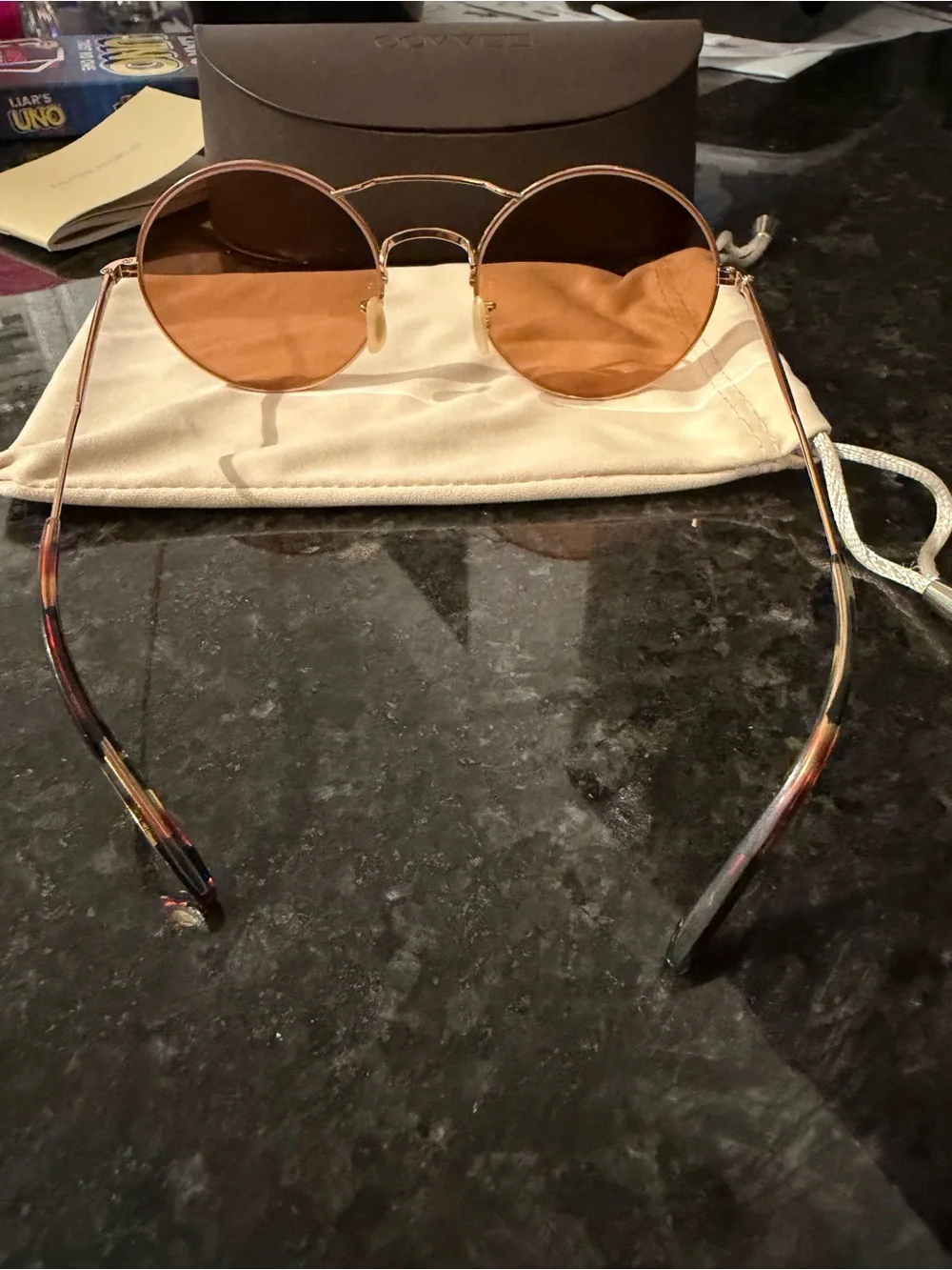 Oliver Peoples Round Metal Sunglasses with Amber Brown Lenses